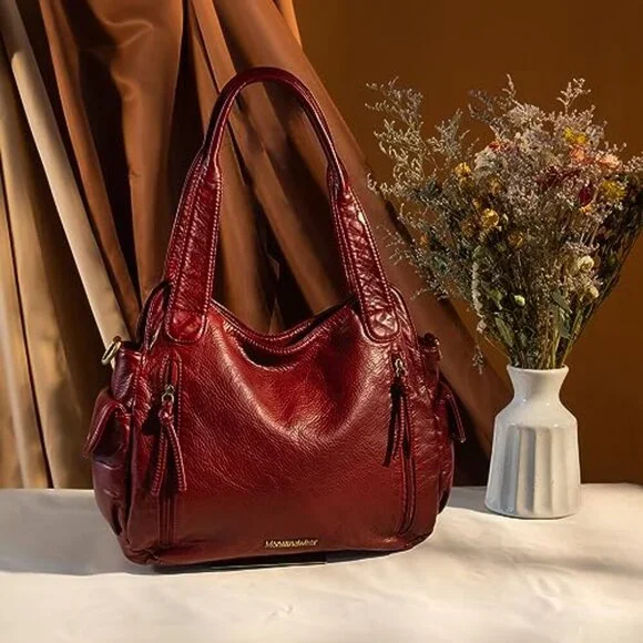 Large Soft Leather Hobo Bag with Crossbody Strap, Multiple Pockets